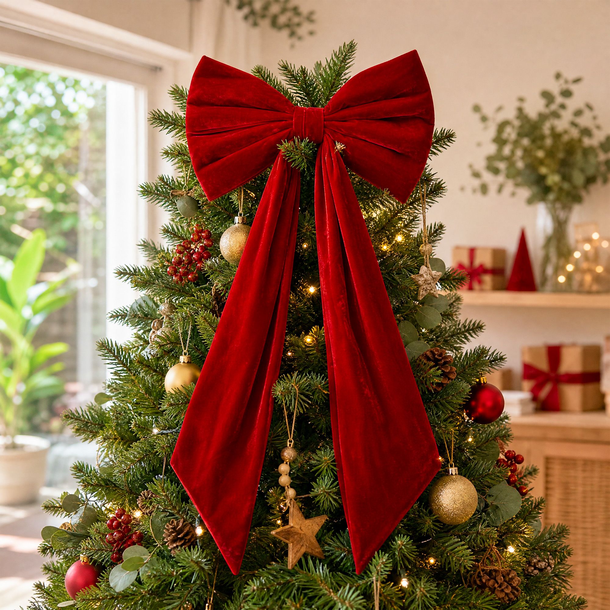 Large Velvet Christmas Tree Topper Bow 86cm - Red