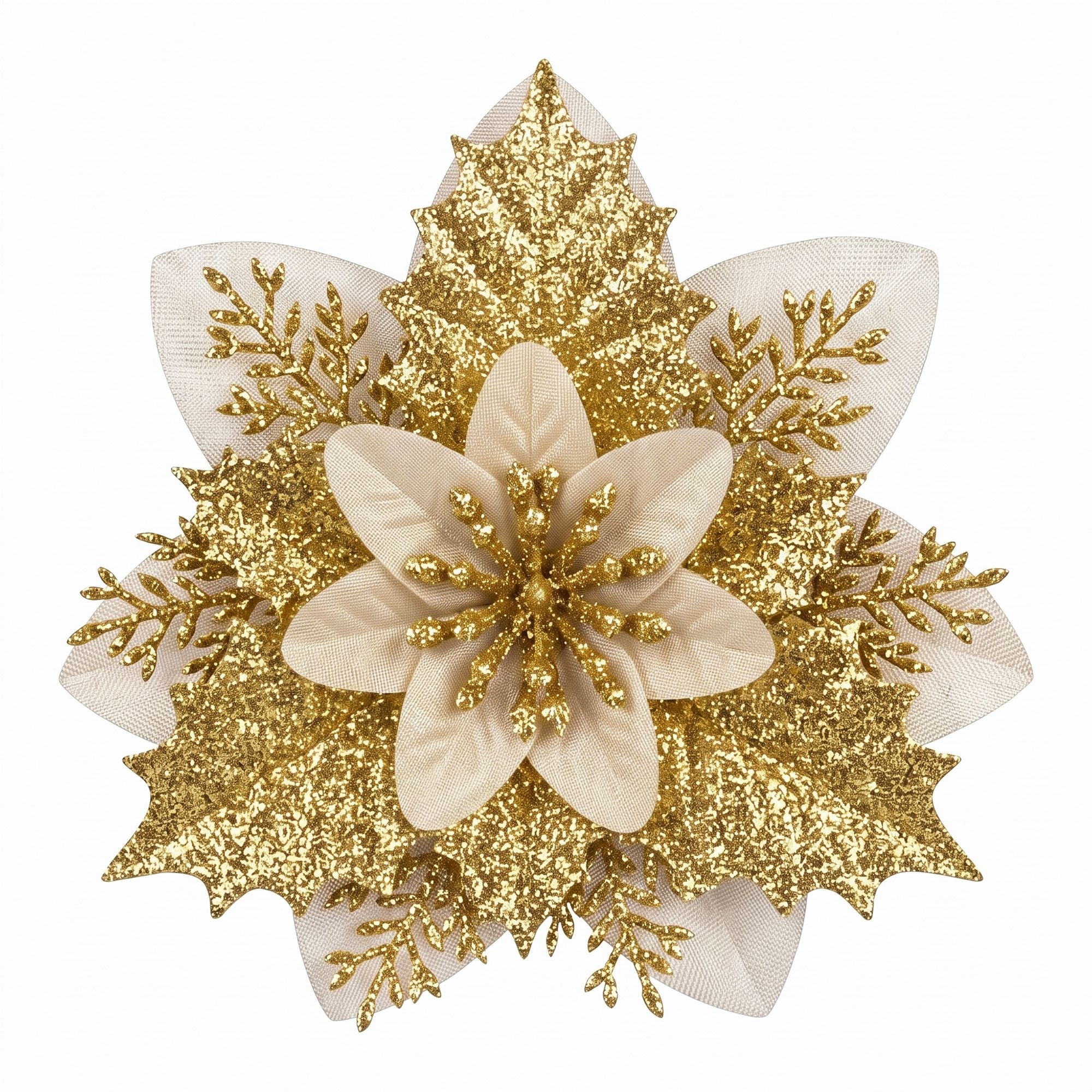 10PC Poinsettia Christmas Tree Flowers 14cm - Gold