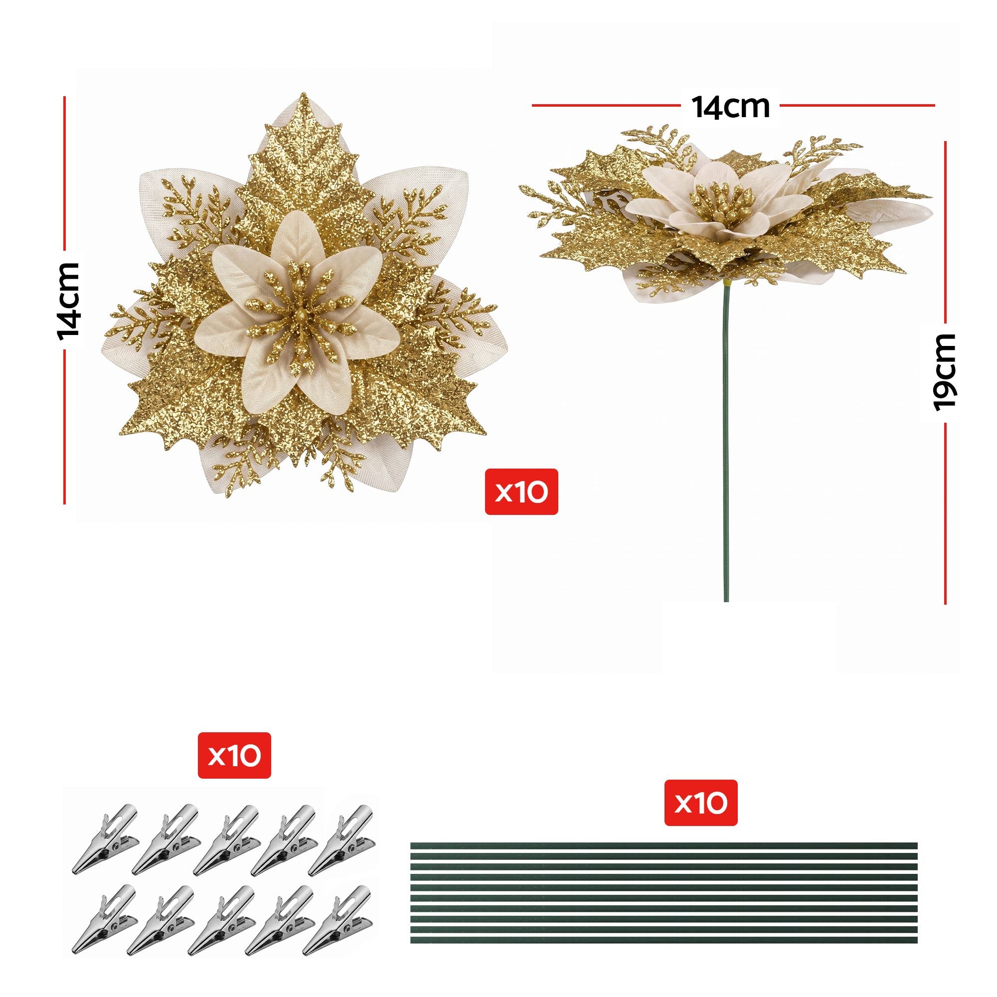 10PC Poinsettia Christmas Tree Flowers 14cm - Gold