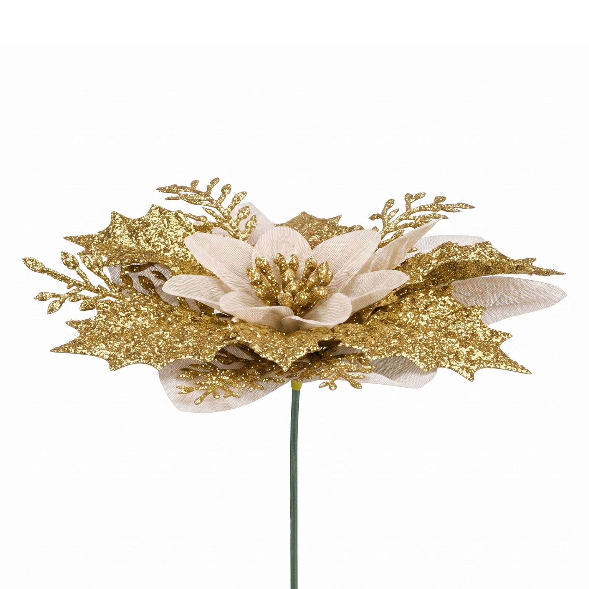10PC Poinsettia Christmas Tree Flowers 14cm - Gold