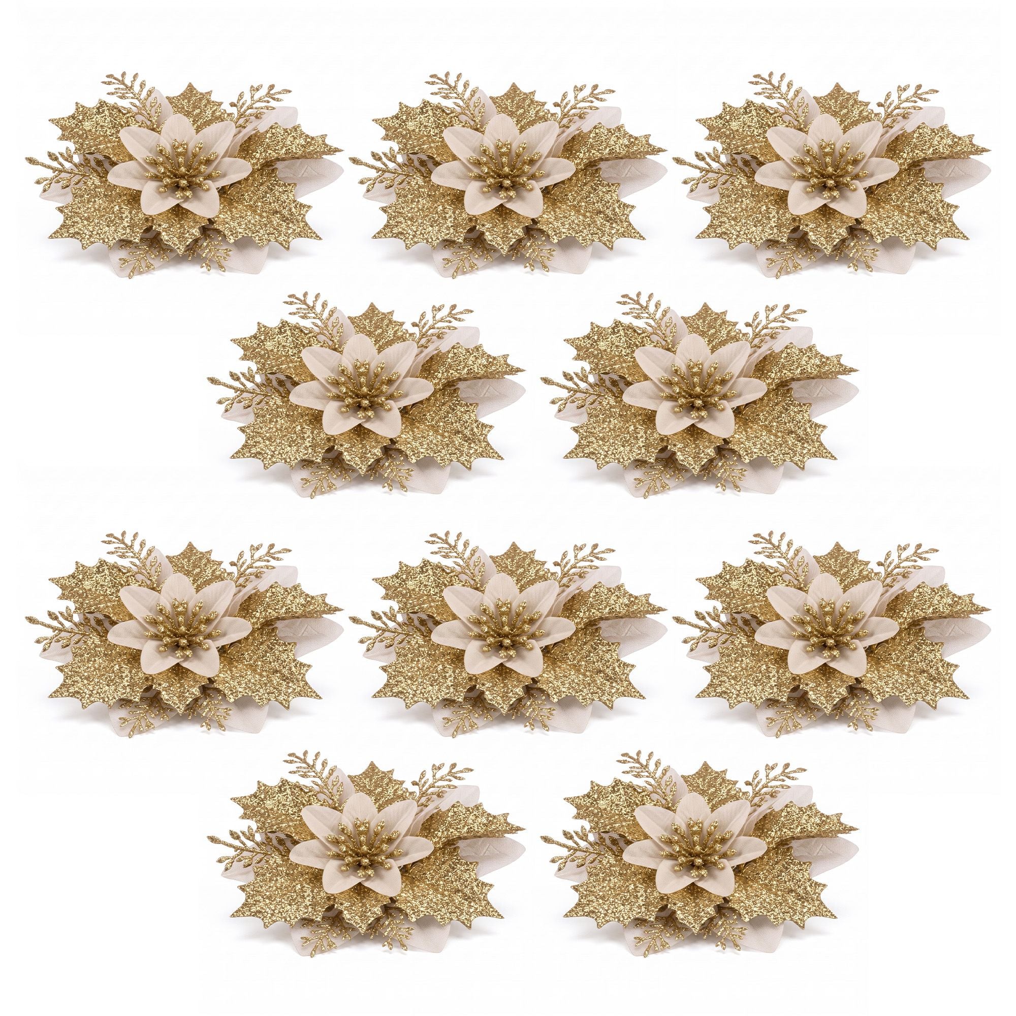 10PC Poinsettia Christmas Tree Flowers 14cm - Gold