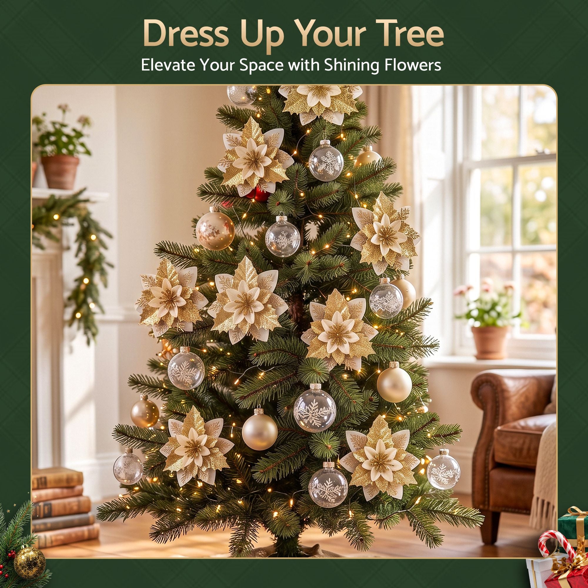 10PC Poinsettia Christmas Tree Flowers 14cm - Gold