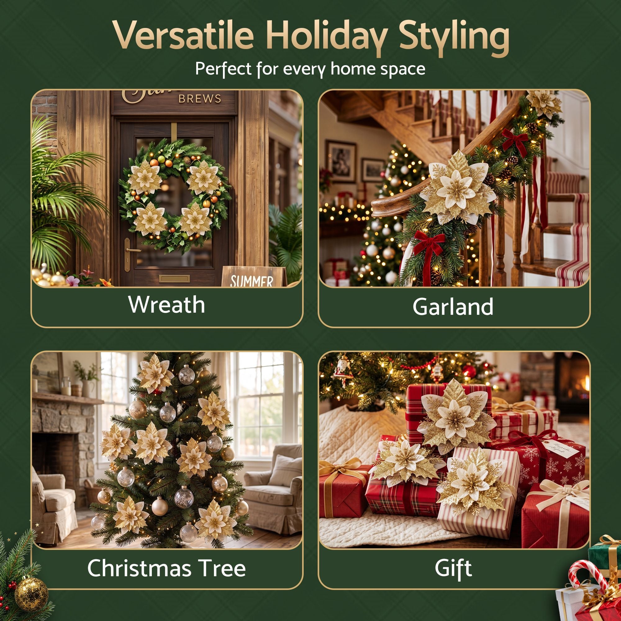 10PC Poinsettia Christmas Tree Flowers 14cm - Gold