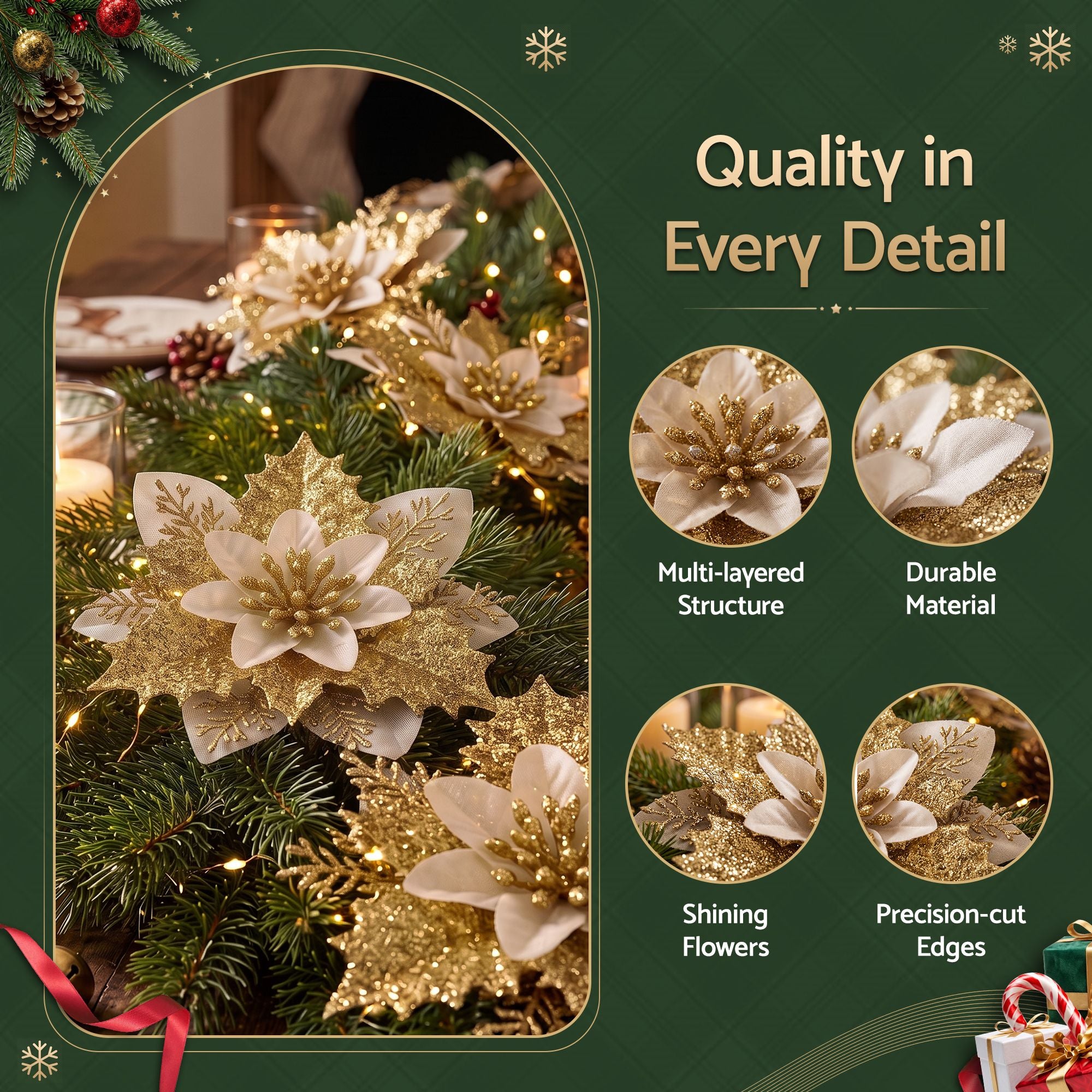 10PC Poinsettia Christmas Tree Flowers 14cm - Gold