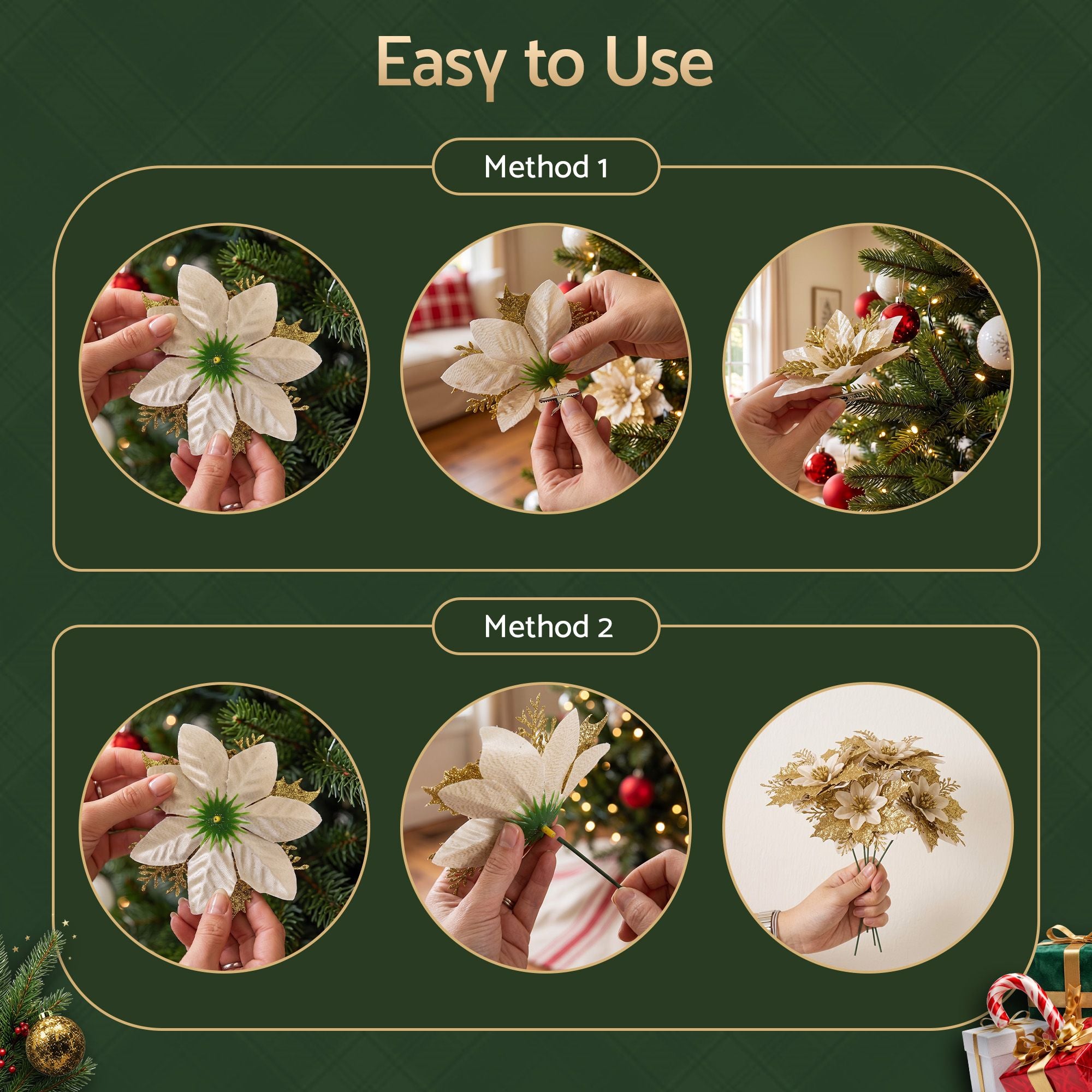10PC Poinsettia Christmas Tree Flowers 14cm - Gold