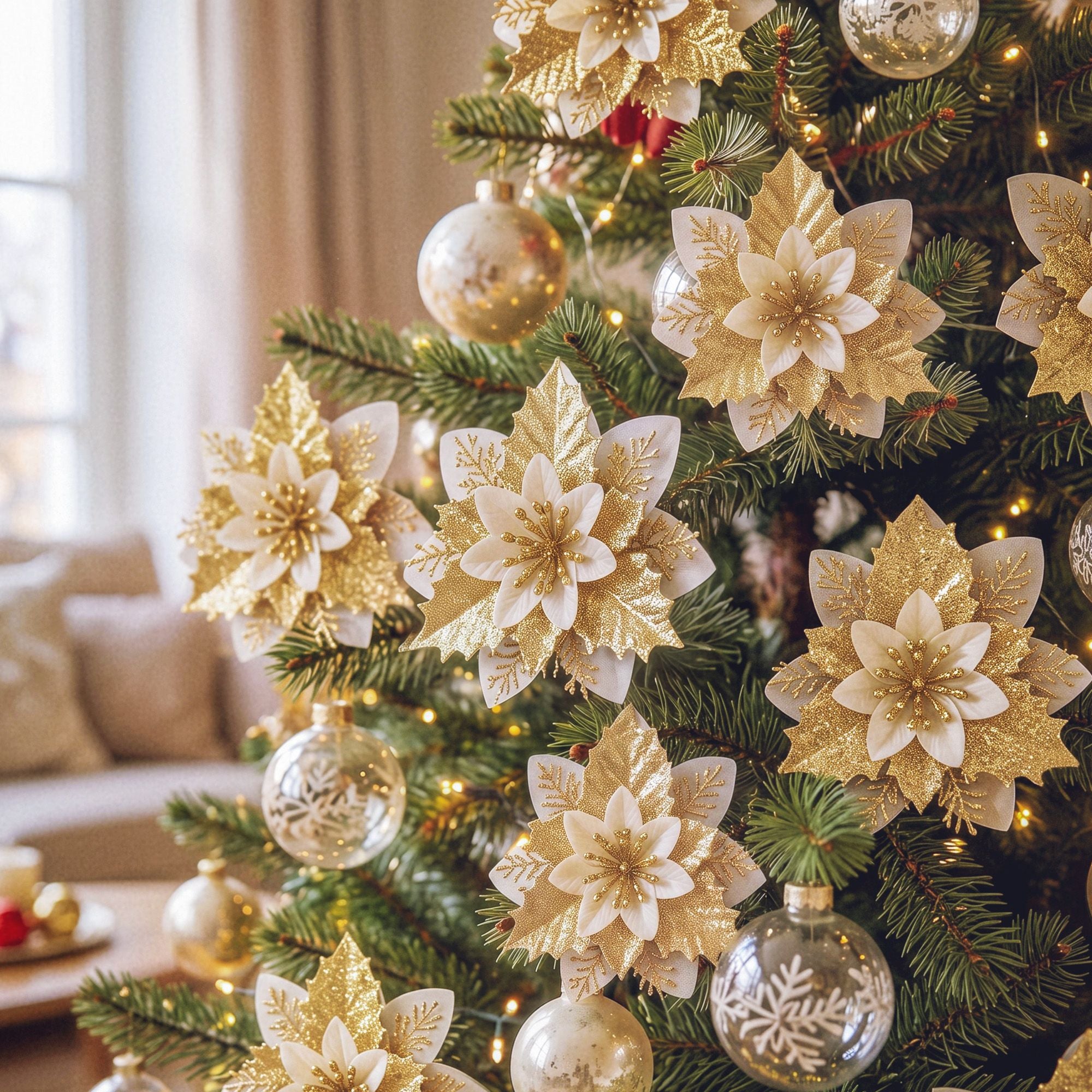 10PC Poinsettia Christmas Tree Flowers 14cm - Gold