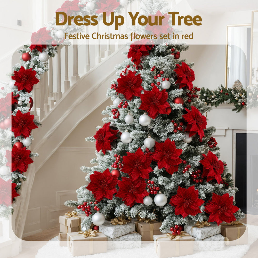 Jingle Jollys 14Pcs Christmas Tree Flowers Set Xmas Garland Wreath Ornaments Red - Homecoze
