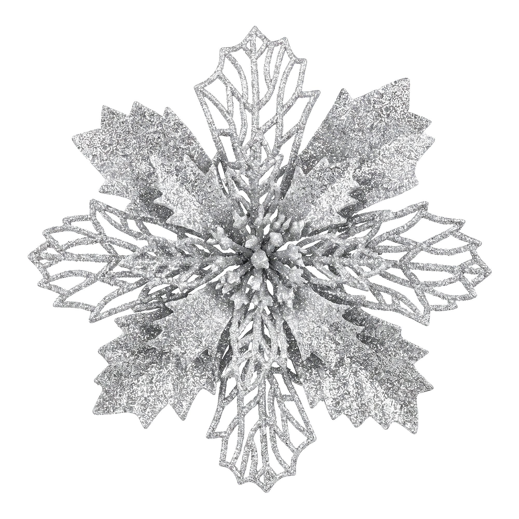 20PC Poinsettia Christmas Tree Flowers 14cm - Silver