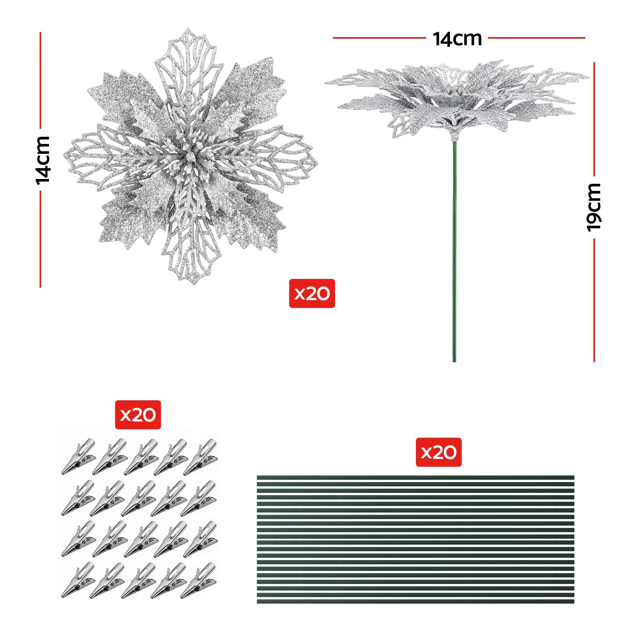 20PC Poinsettia Christmas Tree Flowers 14cm - Silver