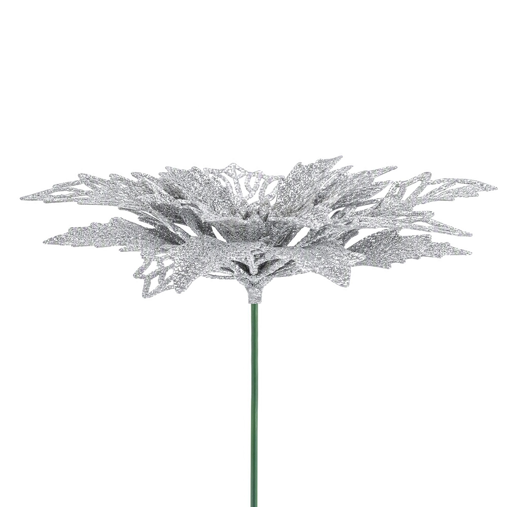 20PC Poinsettia Christmas Tree Flowers 14cm - Silver