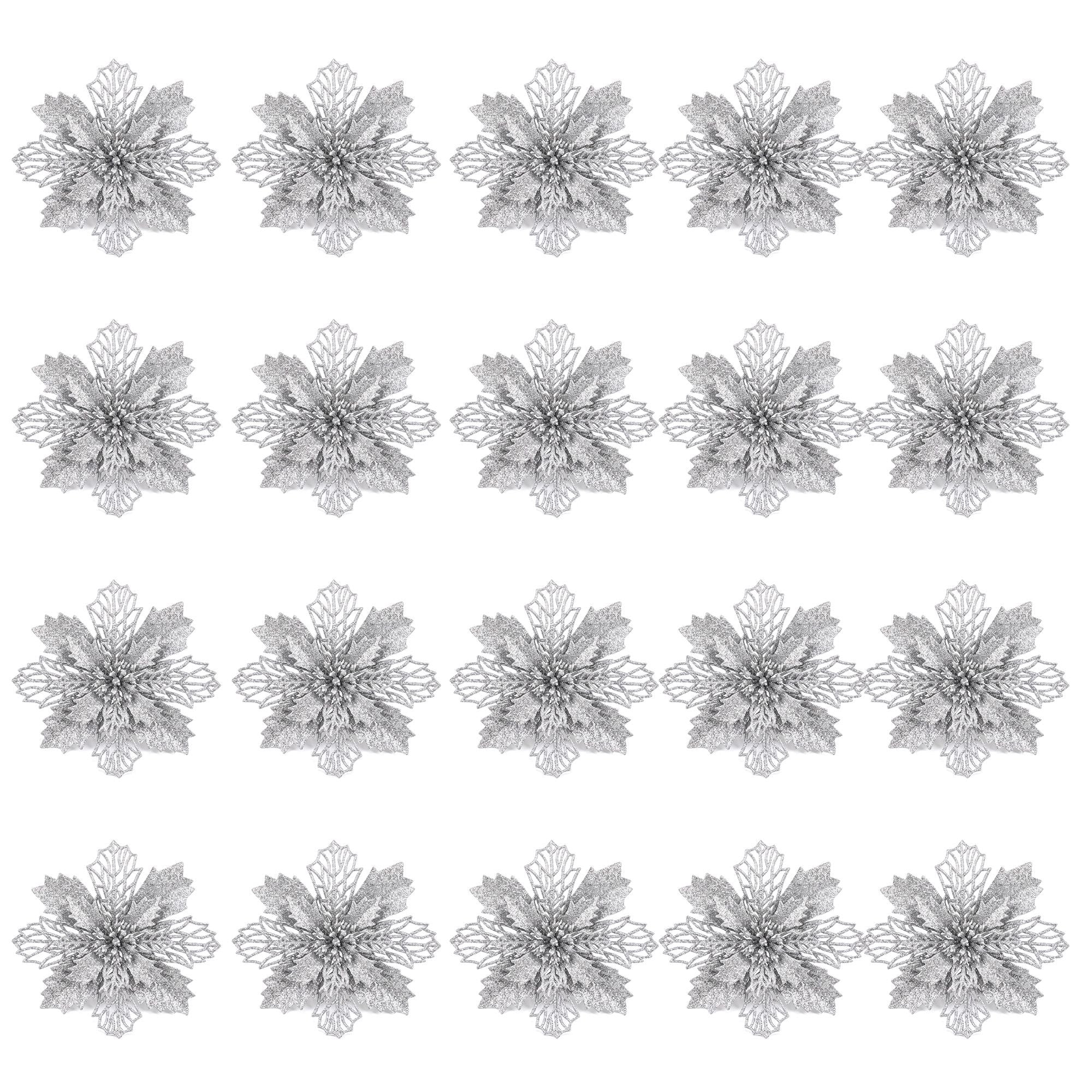 20PC Poinsettia Christmas Tree Flowers 14cm - Silver