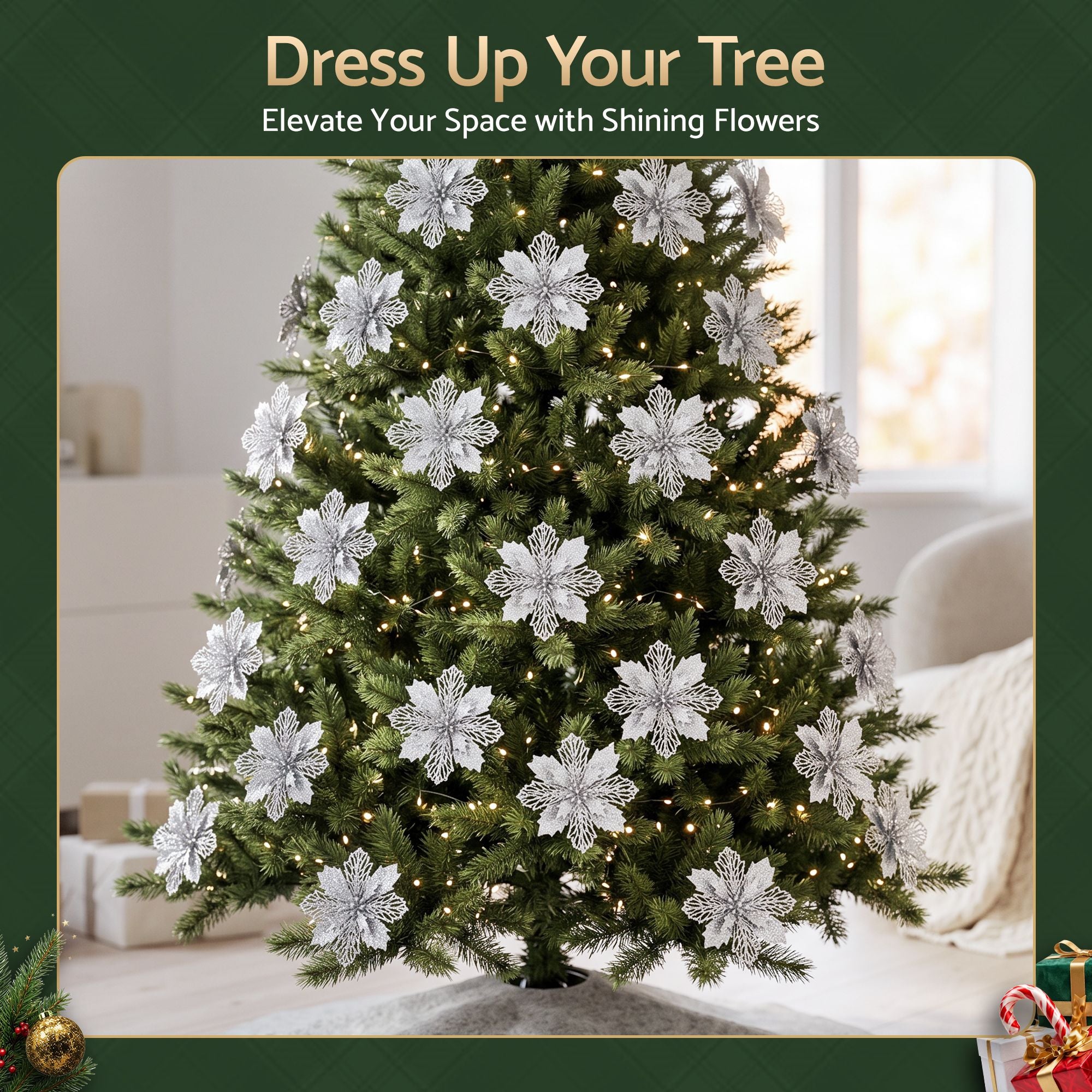 20PC Poinsettia Christmas Tree Flowers 14cm - Silver