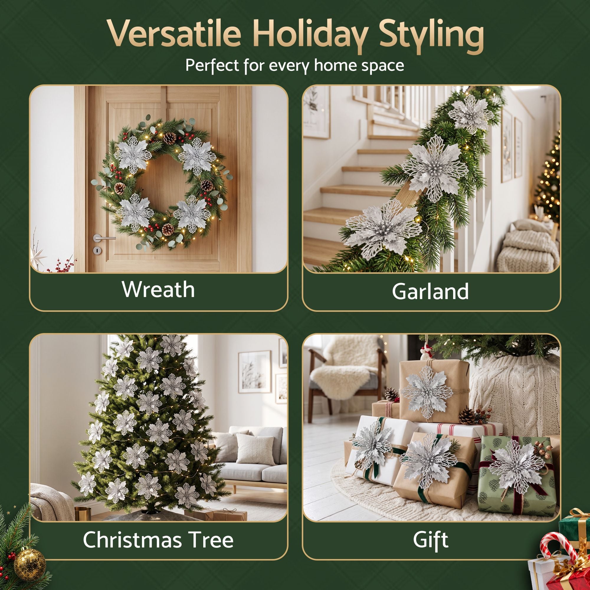20PC Poinsettia Christmas Tree Flowers 14cm - Silver