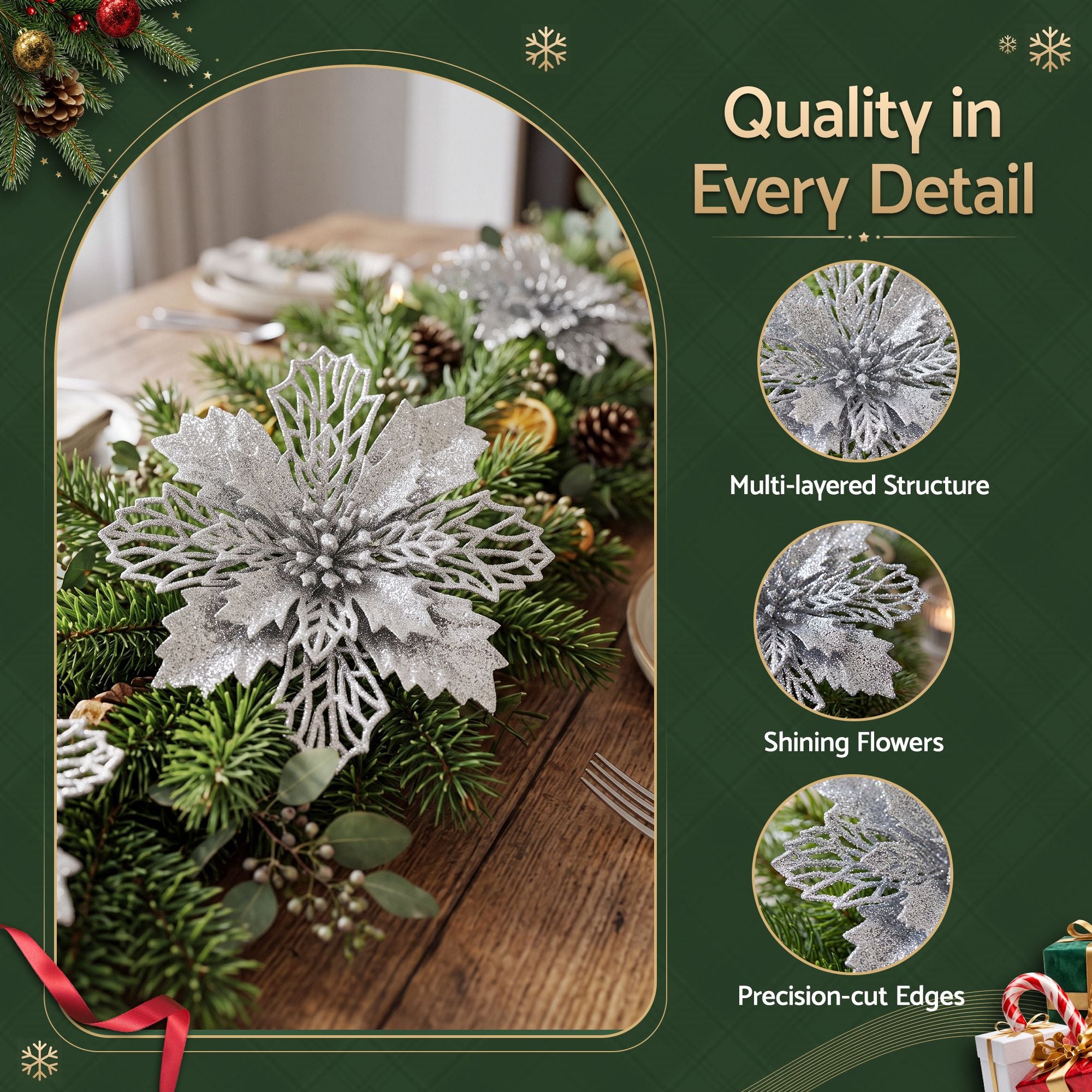 20PC Poinsettia Christmas Tree Flowers 14cm - Silver