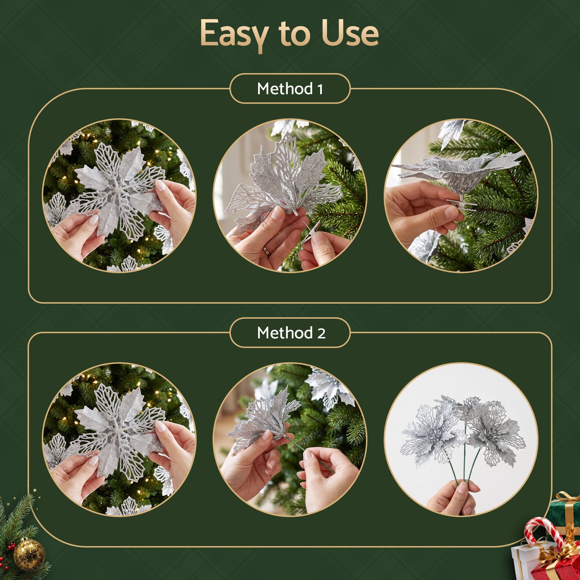 20PC Poinsettia Christmas Tree Flowers 14cm - Silver