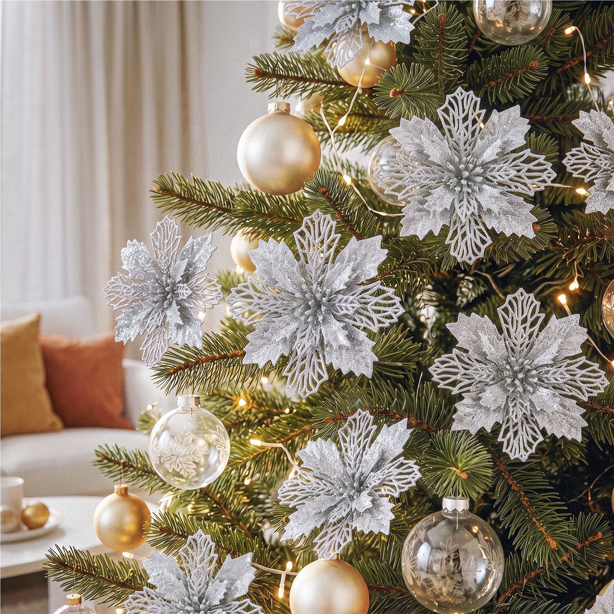 20PC Poinsettia Christmas Tree Flowers 14cm - Silver