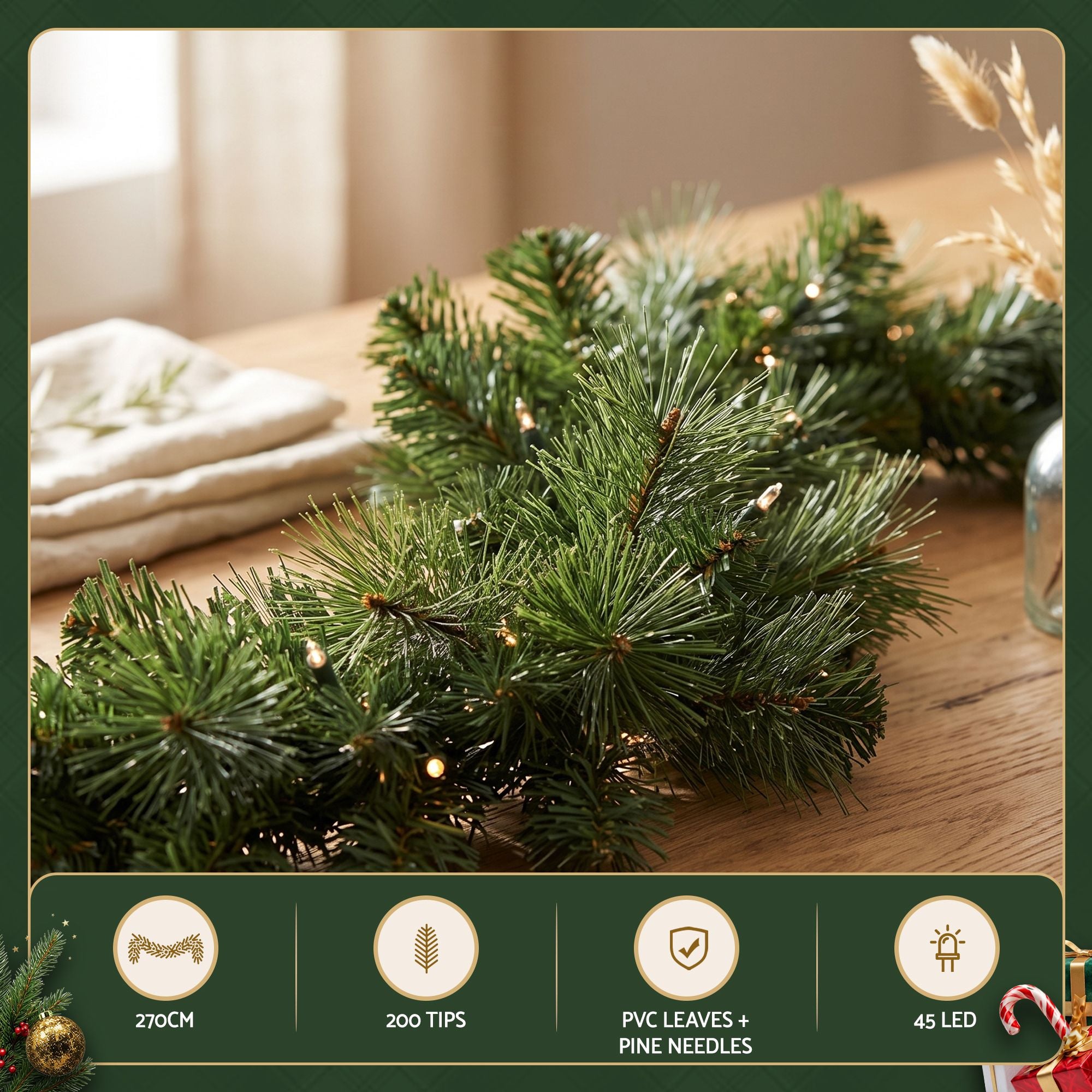 9FT (2.7m) Pre-lit LED Christmas Garland