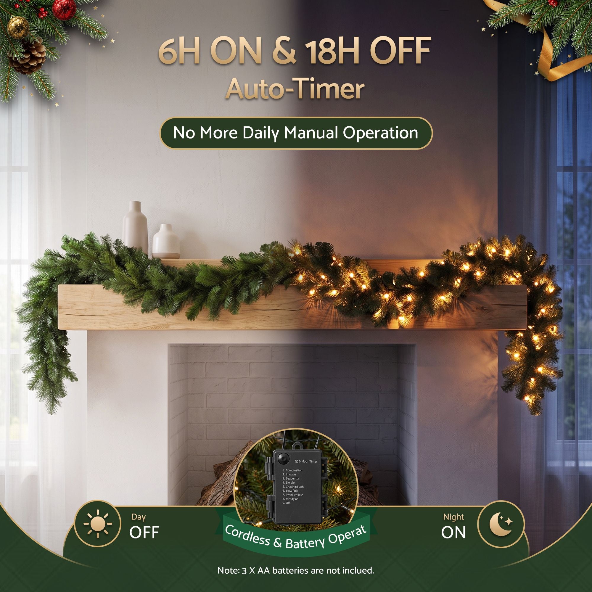 9FT (2.7m) Pre-lit LED Christmas Garland