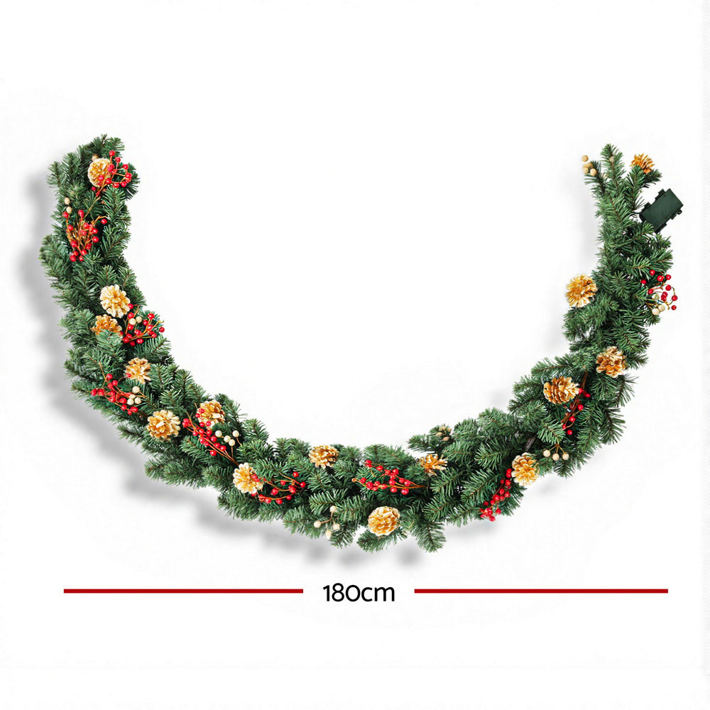 Jingle Jollys 1.8M Christmas Garland Pre-lit LED Pine Cones Berries Xmas Decor - Homecoze