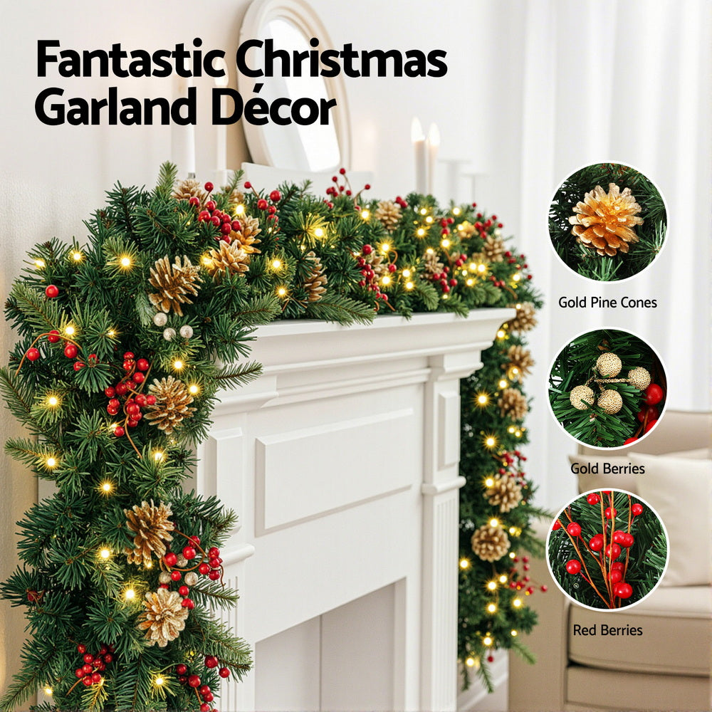 Jingle Jollys 1.8M Christmas Garland Pre-lit LED Pine Cones Berries Xmas Decor - Homecoze