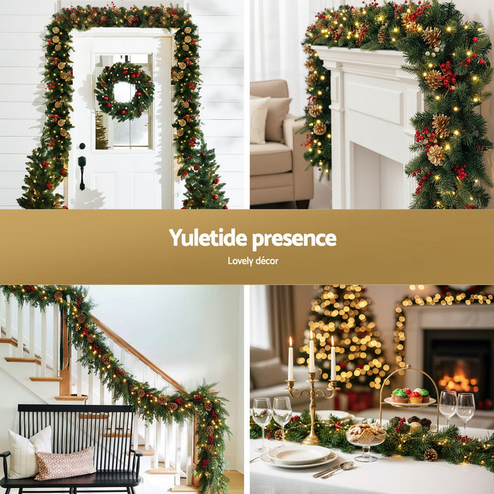 Jingle Jollys 1.8M Christmas Garland Pre-lit LED Pine Cones Berries Xmas Decor - Homecoze