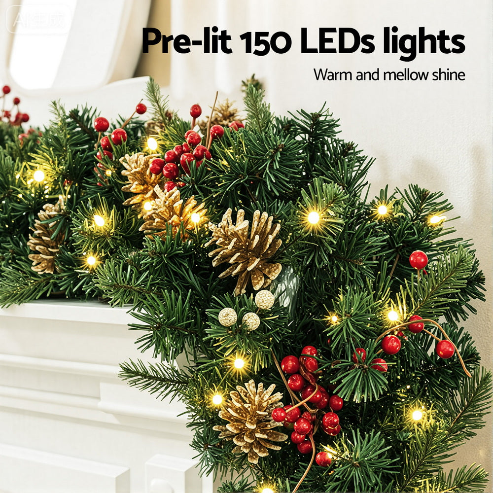 Jingle Jollys 1.8M Christmas Garland Pre-lit LED Pine Cones Berries Xmas Decor - Homecoze
