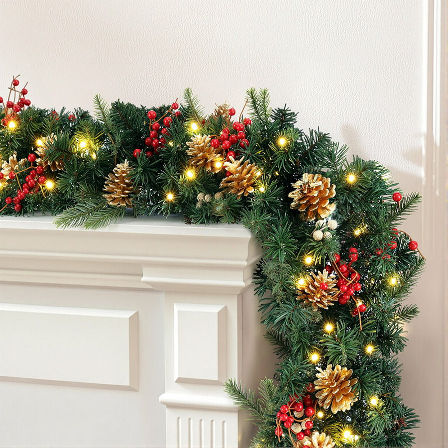 Jingle Jollys 1.8M Christmas Garland Pre-lit LED Pine Cones Berries Xmas Decor - Homecoze