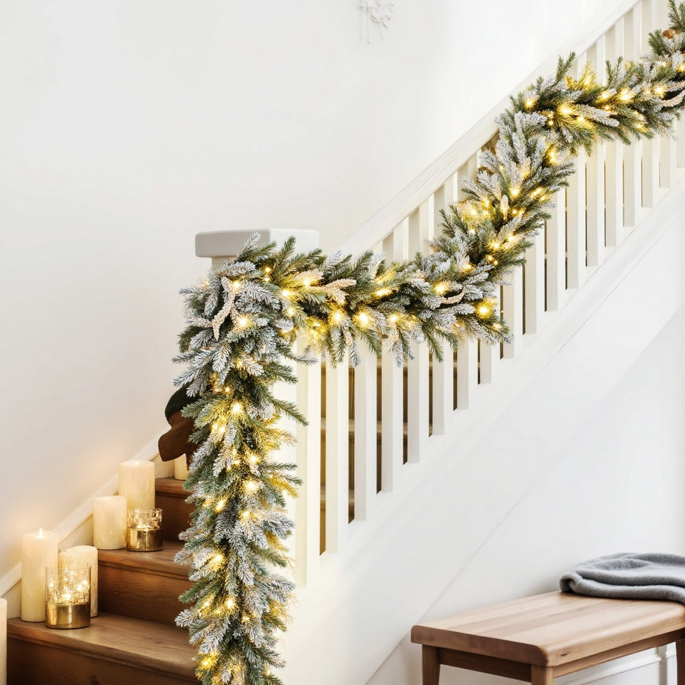 Jingle Jollys 3M Christmas Garland Pre-lit LED Lights Snow Frosted Tips Decor - Homecoze