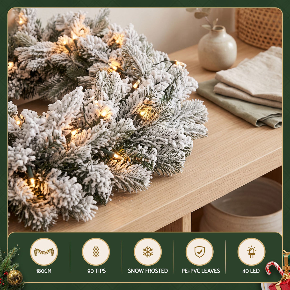 6FT (1.8m) Pre-lit LED Snow Flocked Christmas Garland