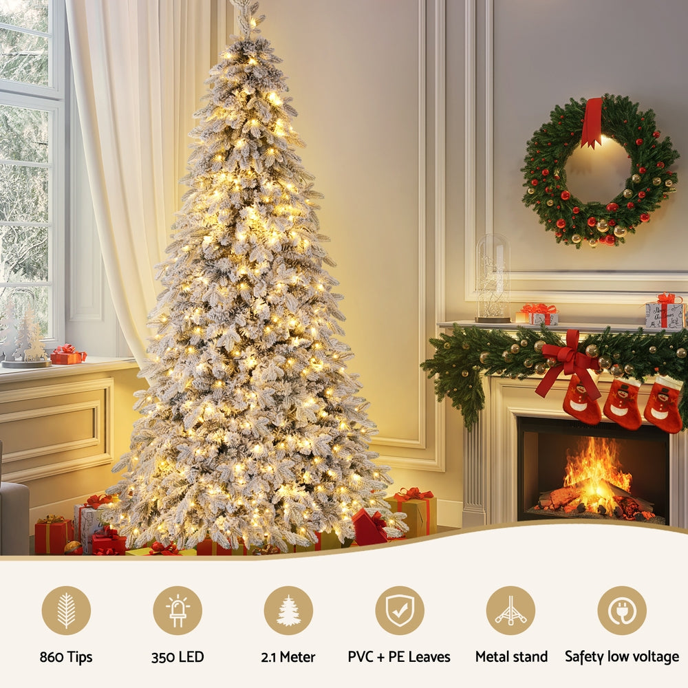 Jingle Jollys Christmas Tree 2.1m Flocking Pencil Tree LED Xmas 860 Tips White - Homecoze