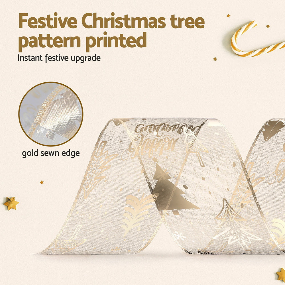 Jingle Jollys 20M Christmas Ribbon Roll Bow Printed Xmas Tree Decor Gift Gold - Homecoze