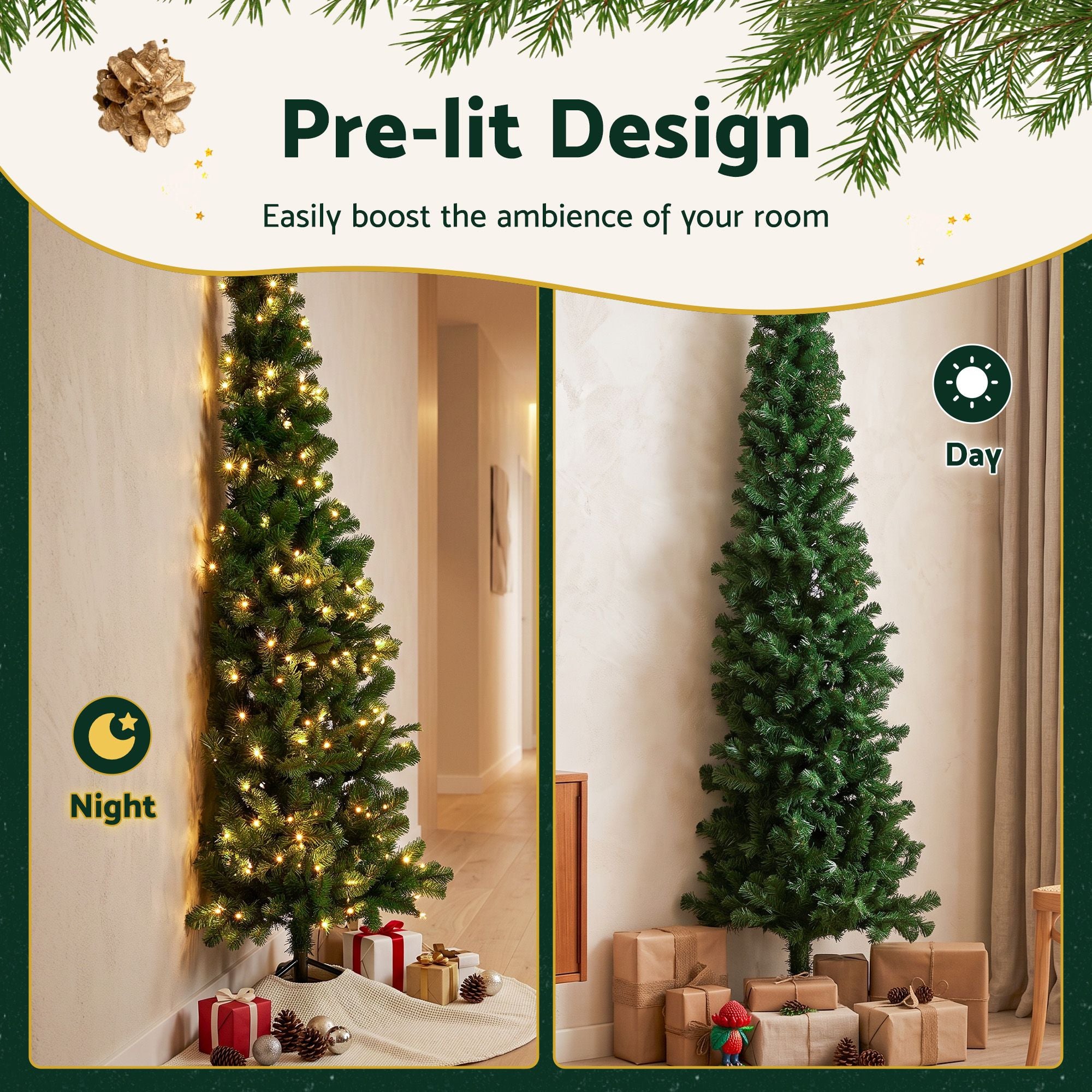 6FT Pre-lit LED Corner Half Christmas Tree - 342 Tips