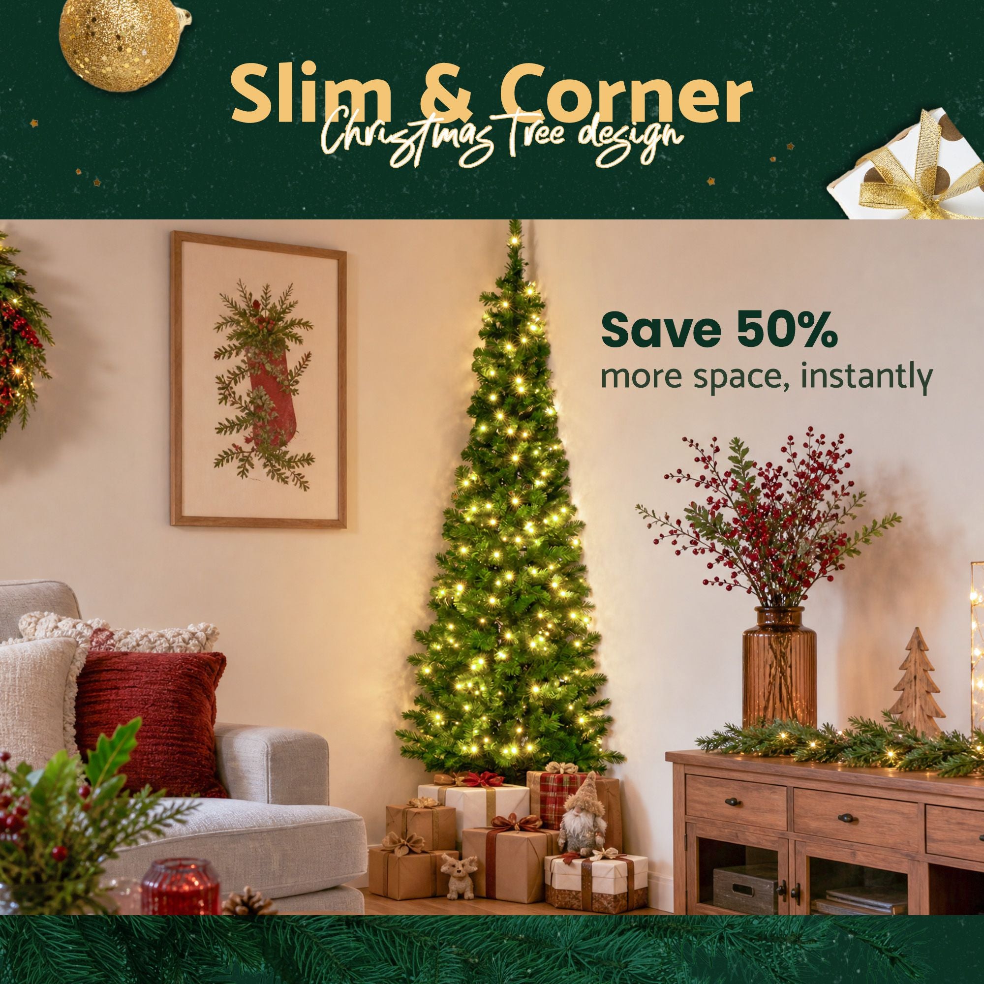 6FT Pre-lit LED Corner Half Christmas Tree - 342 Tips