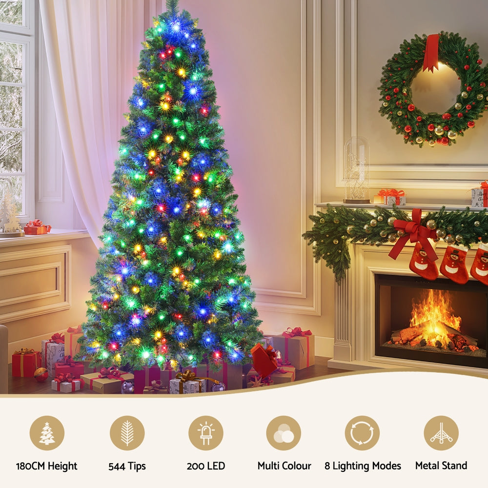Jingle Jollys 1.8M Pre-lit Christmas Tree 8 Mode Multi Colour 200 LED Light Xmas - Homecoze