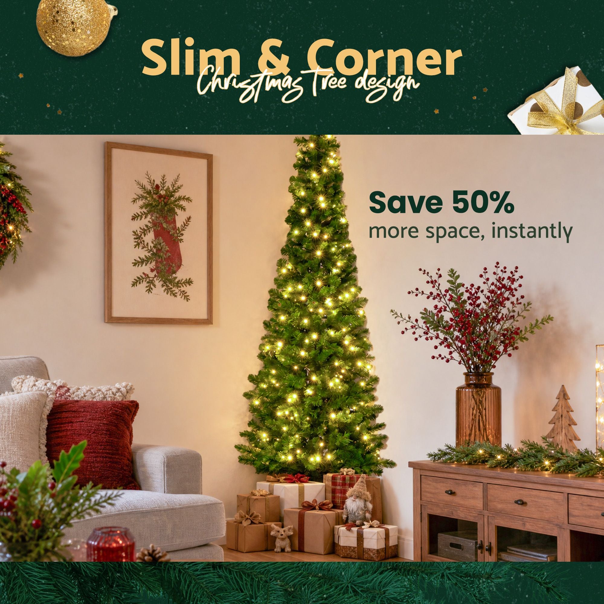 8FT Pre-lit LED Corner Half Christmas Tree - 557 Tips