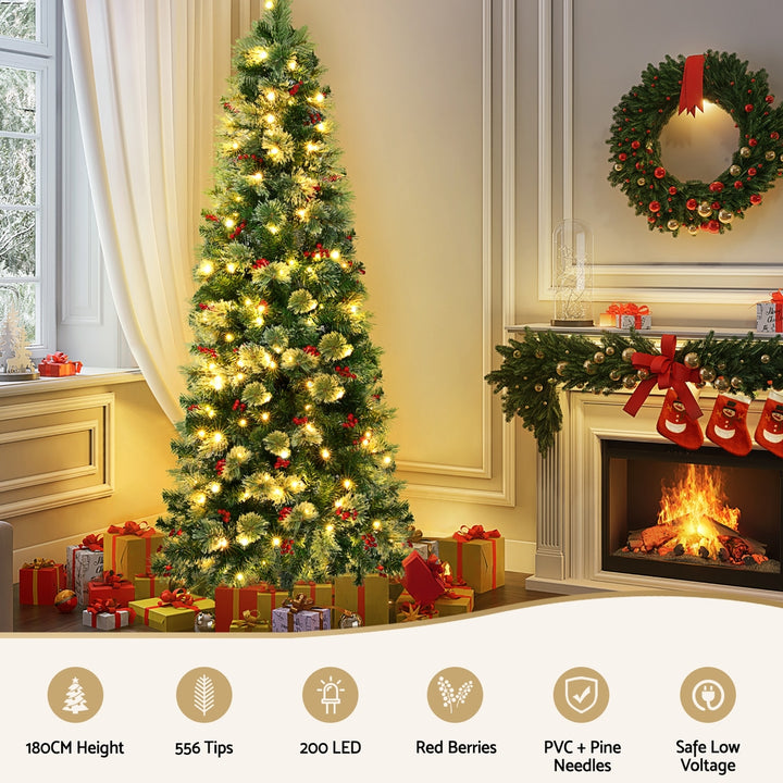 Jingle Jollys Christmas Tree 1.8M LED Xmas Tree Party Decorations Red Barries - Homecoze