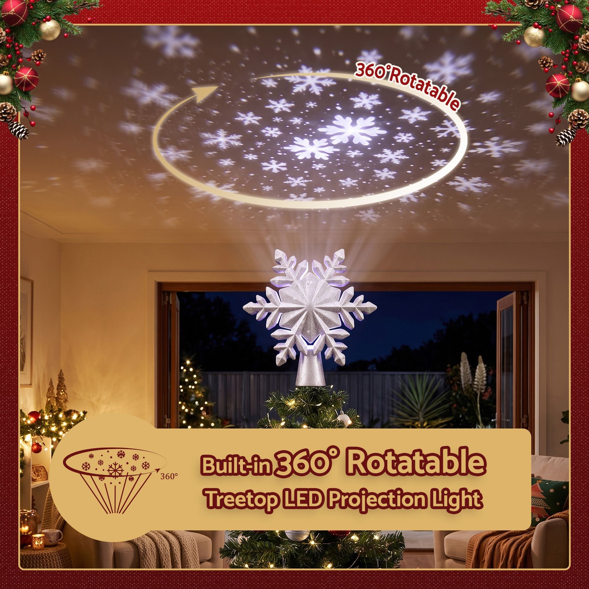 Snowflake Projector Christmas Tree Topper 23cm - Silver