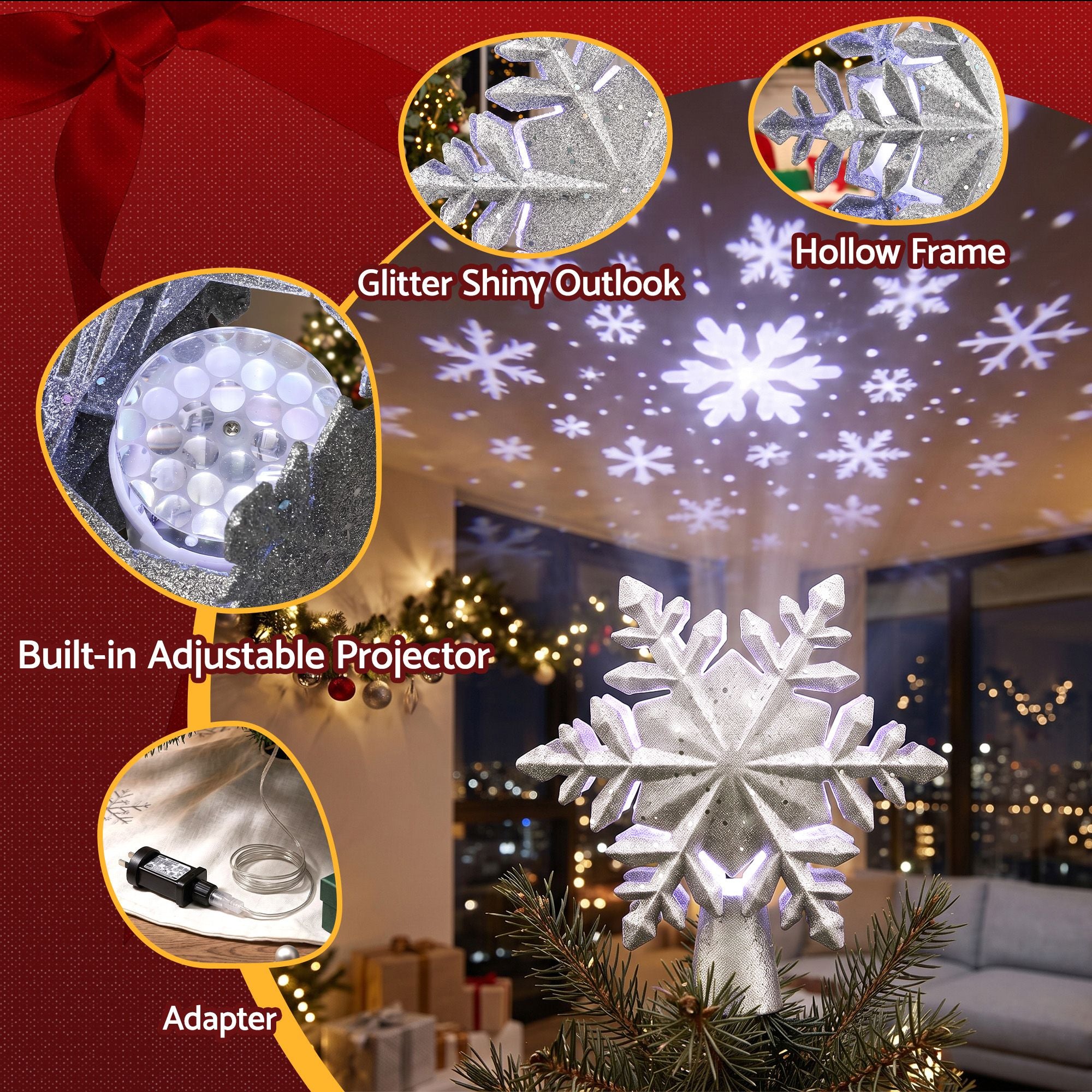 Snowflake Projector Christmas Tree Topper 23cm - Silver