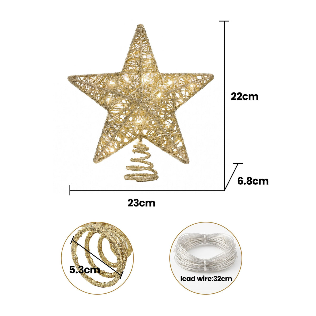 3D LED Christmas Tree Topper Star 23cm - Gold