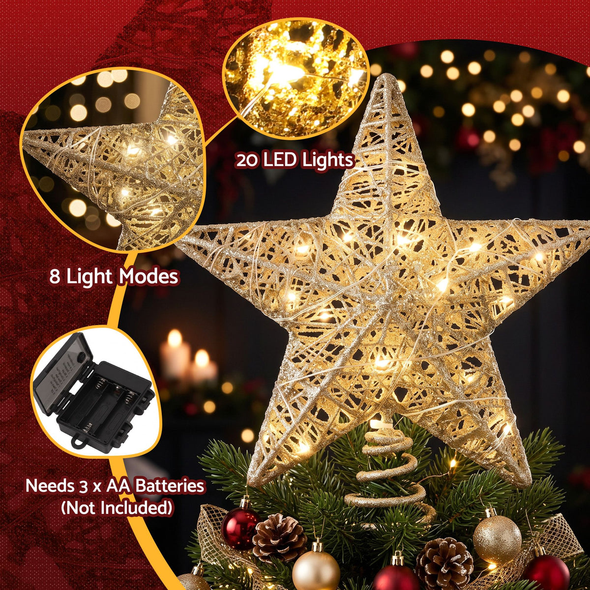 3D LED Christmas Tree Topper Star 23cm - Gold