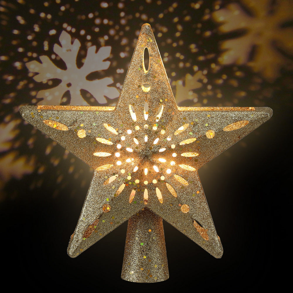 Jingle Jollys Christmas Tree Topper Star Snowflake Projector Party Glitter Gold - Homecoze