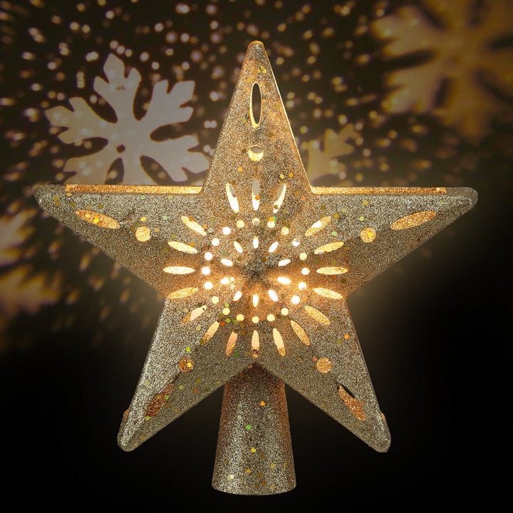 Jingle Jollys Christmas Tree Topper Star Snowflake Projector Party Glitter Gold - Homecoze