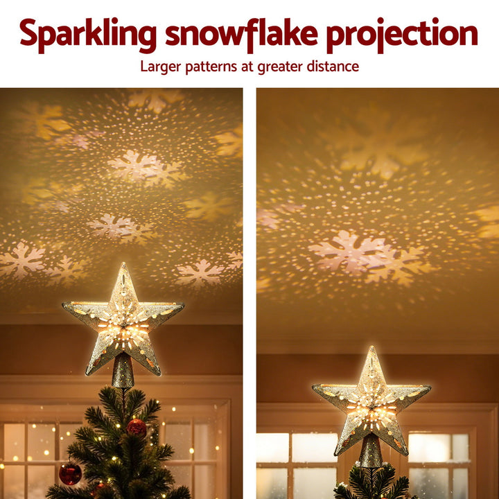 Jingle Jollys Christmas Tree Topper Star Snowflake Projector Party Glitter Gold - Homecoze
