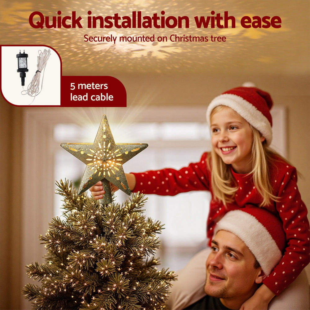 Jingle Jollys Christmas Tree Topper Star Snowflake Projector Party Glitter Gold - Homecoze