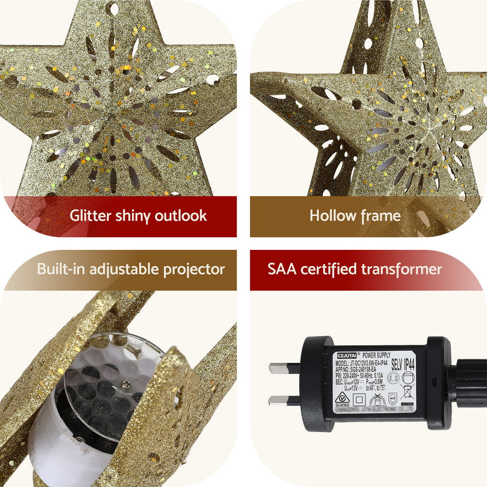 Jingle Jollys Christmas Tree Topper Star Snowflake Projector Party Glitter Gold - Homecoze
