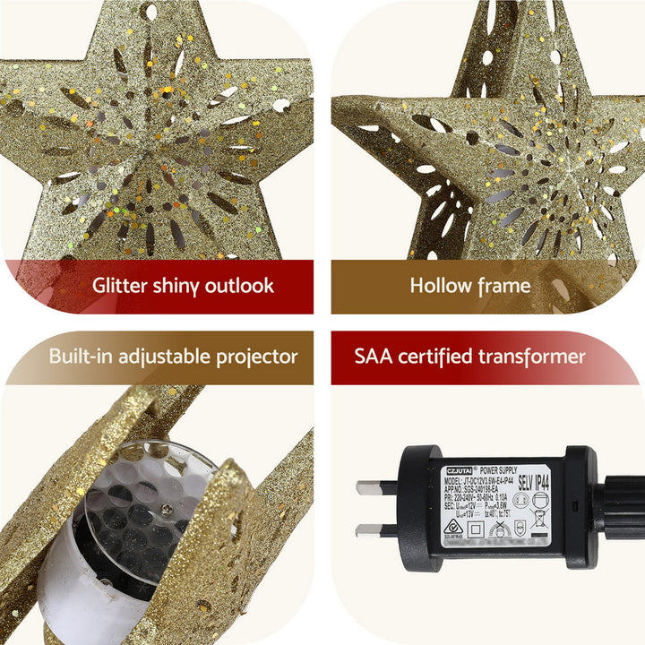 Jingle Jollys Christmas Tree Topper Star Snowflake Projector Party Glitter Gold - Homecoze