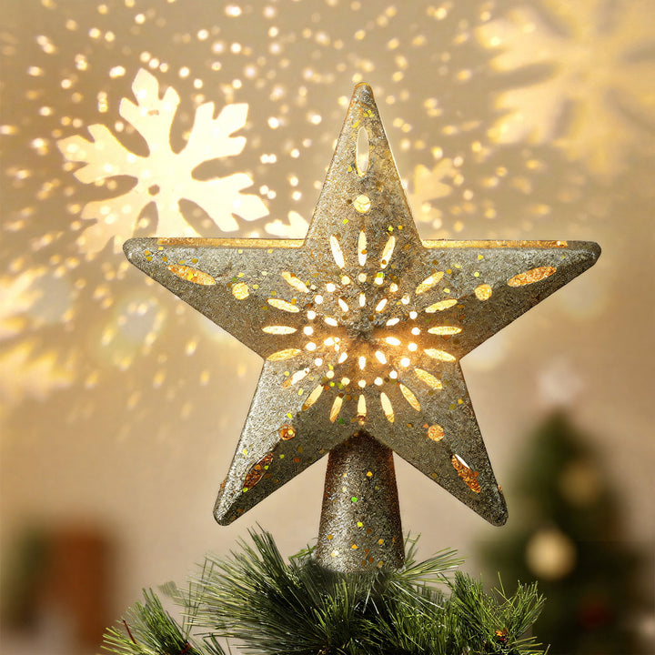 Jingle Jollys Christmas Tree Topper Star Snowflake Projector Party Glitter Gold - Homecoze