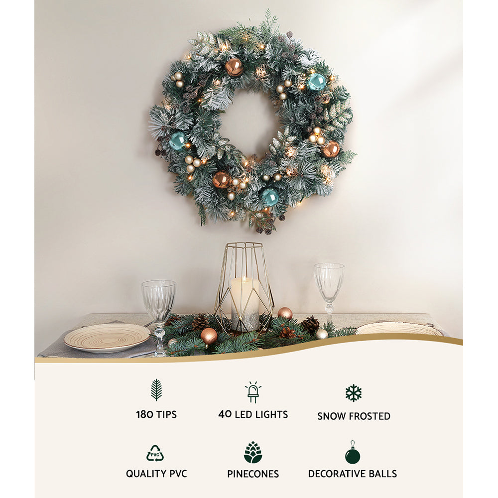 60cm Snow Flocked Christmas Wreath LED Battery Lights - Homecoze