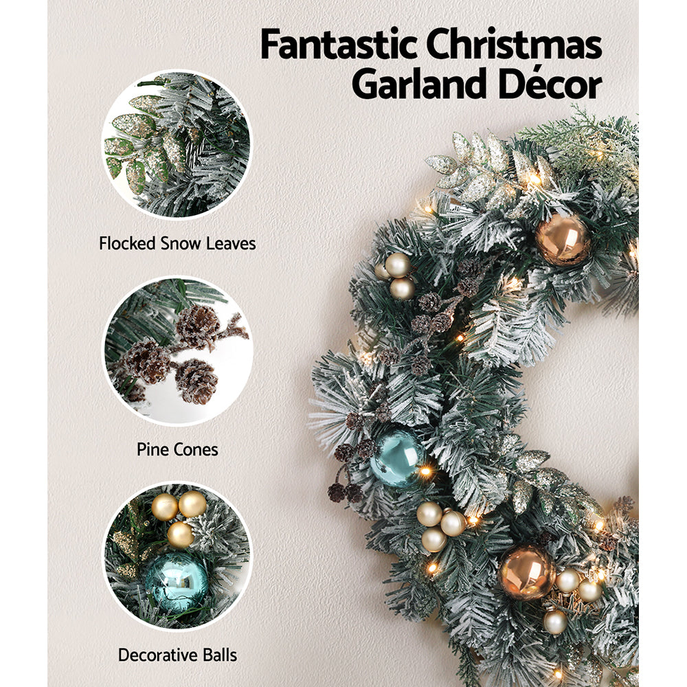 60cm Snow Flocked Christmas Wreath LED Battery Lights - Homecoze