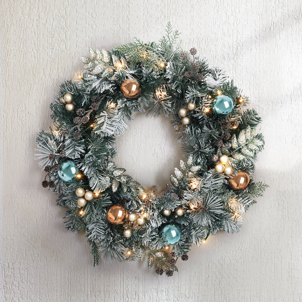 60cm Snow Flocked Christmas Wreath LED Battery Lights - Homecoze